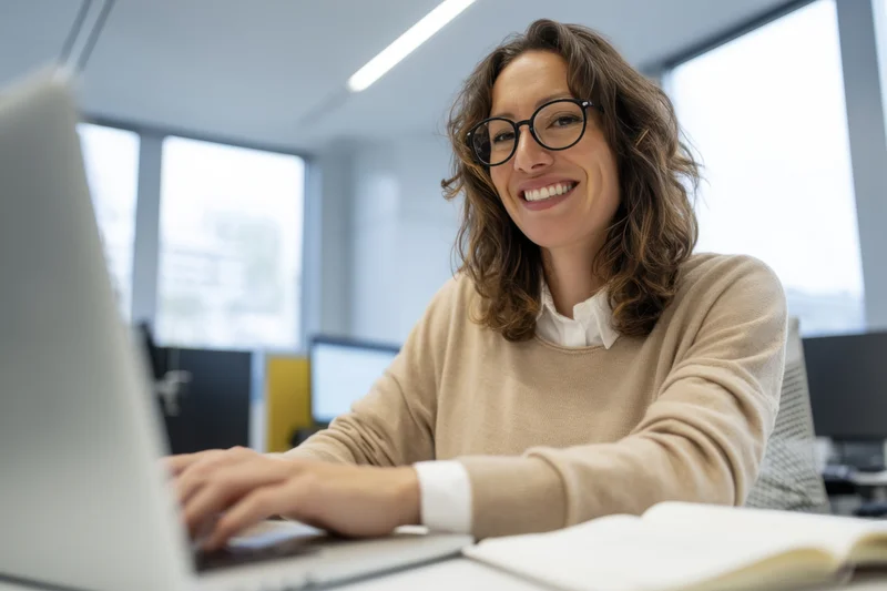 Woman smiling while typing on laptop at office desk