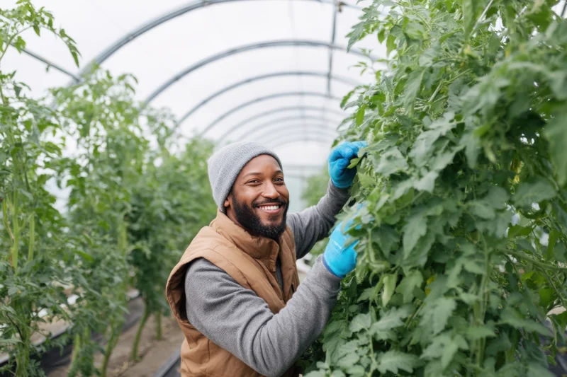Smiling black man tending tomato plants in a greenhouse