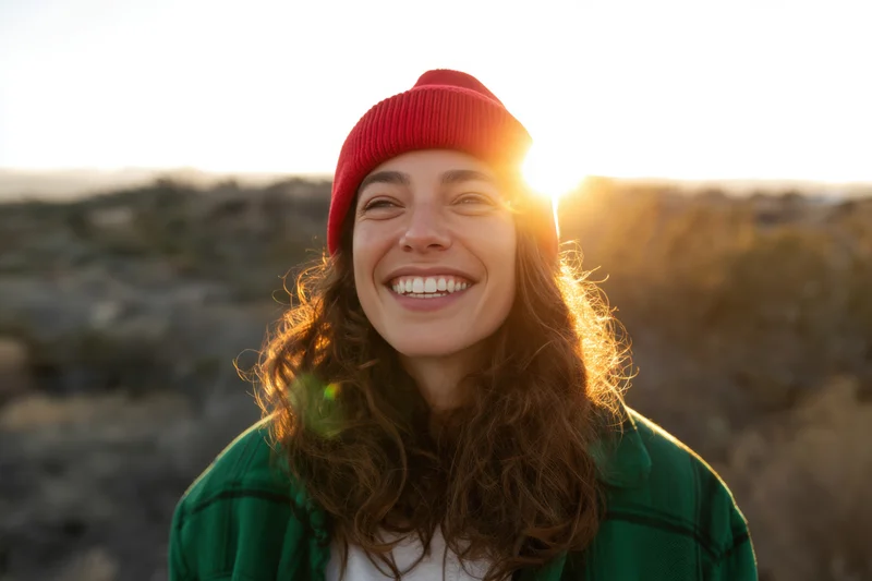 Smiling young woman outdoors in golden hour light wearing a red beanie and green flannel jacket