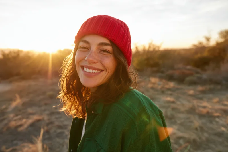 Smiling young woman in red beanie and green jacket outdoors at golden hour sunset