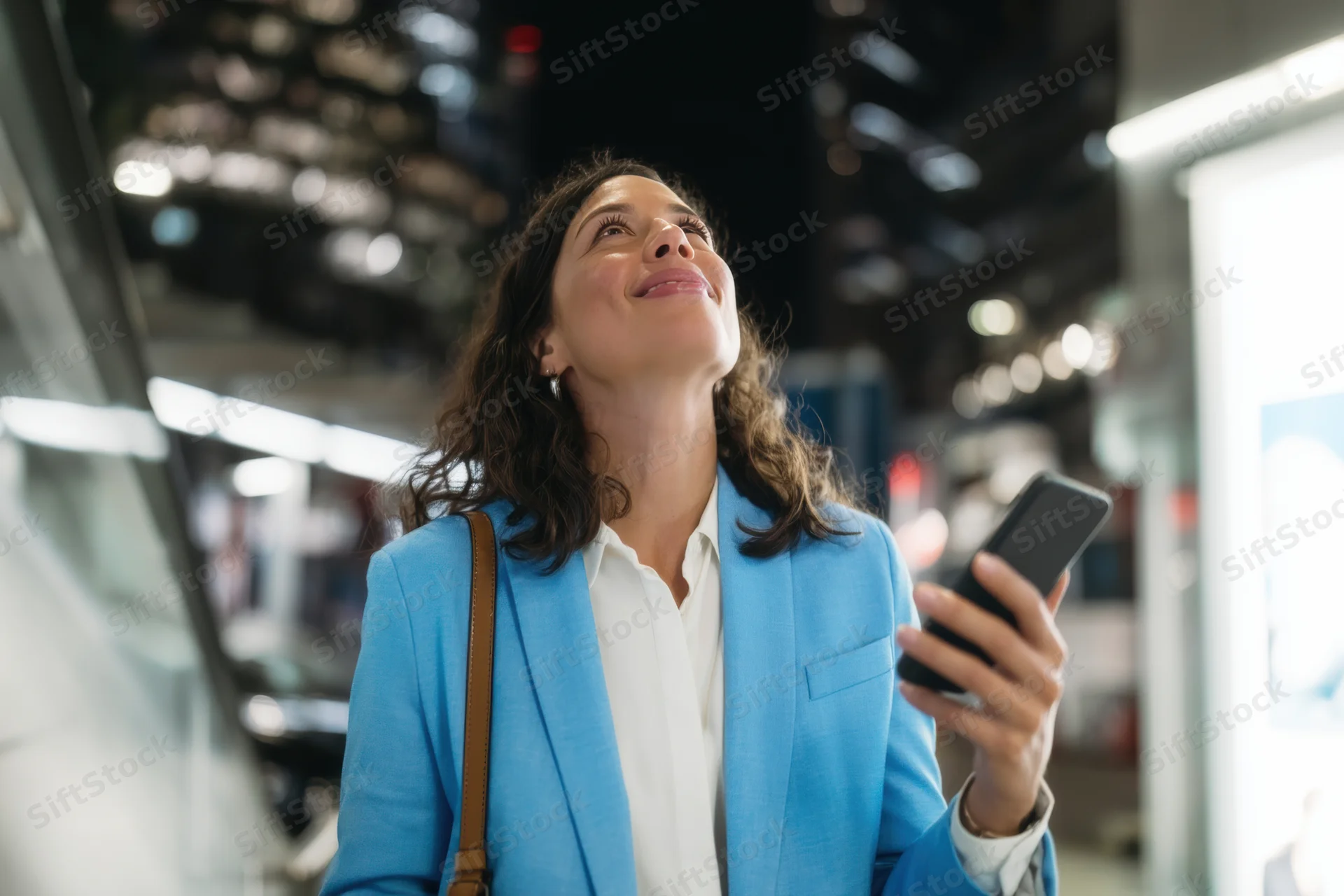 Woman in blue blazer holding smartphone and looking up in a modern indoor setting