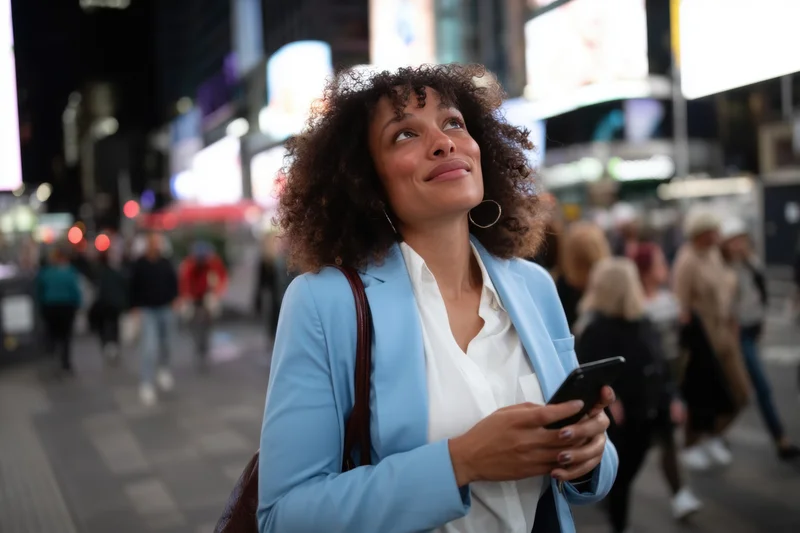 Woman in light blue blazer holding smartphone and looking up in bustling city street at night