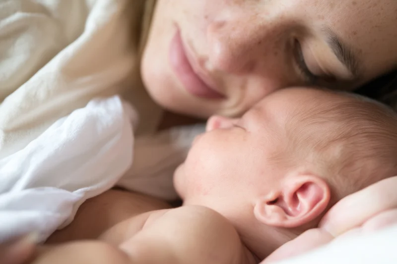 Mother cradling sleeping newborn baby in close-up view