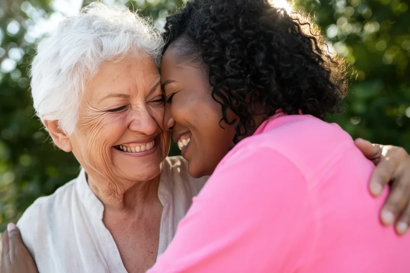 Elderly woman and young black woman hugging closely outdoors, smiling with affection