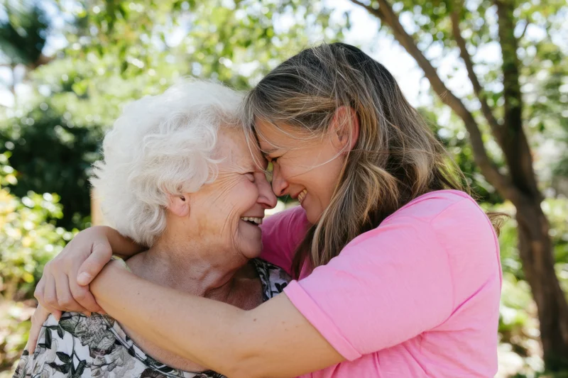 Elderly woman and younger woman hugging closely in a sunlit park