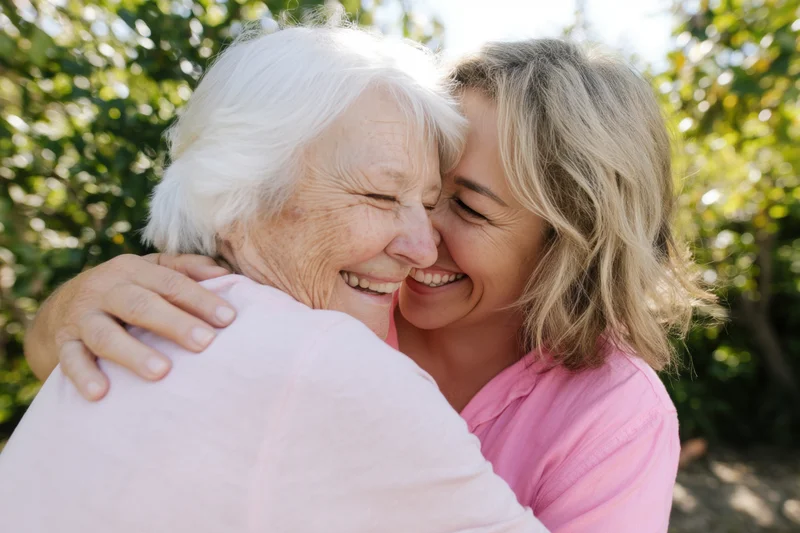 Senior woman and younger woman hugging outdoors in a garden, both smiling warmly