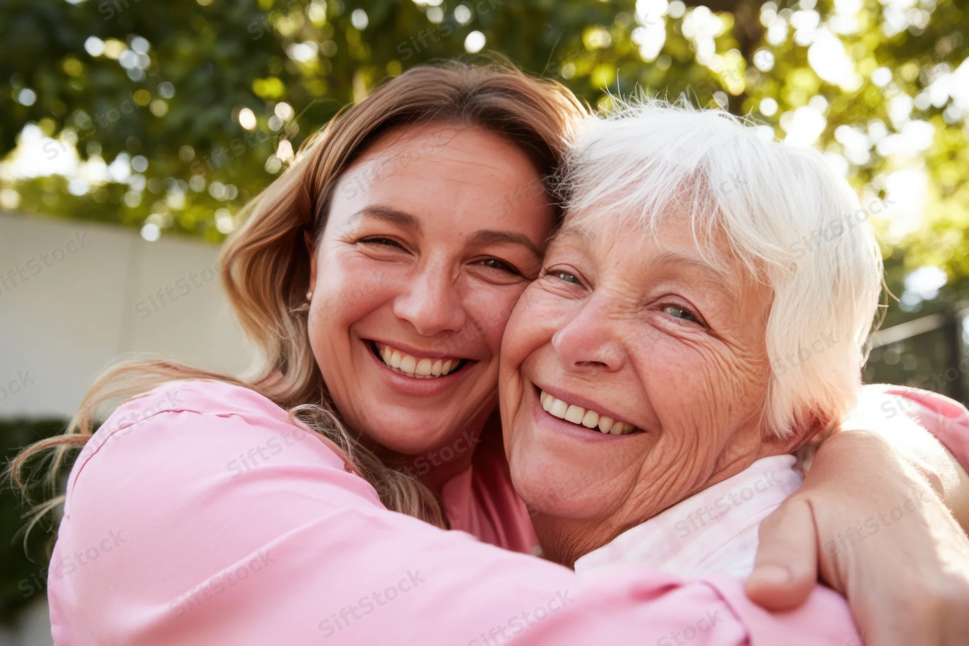 Daughter hugging mother outdoors in a garden, both smiling warmly