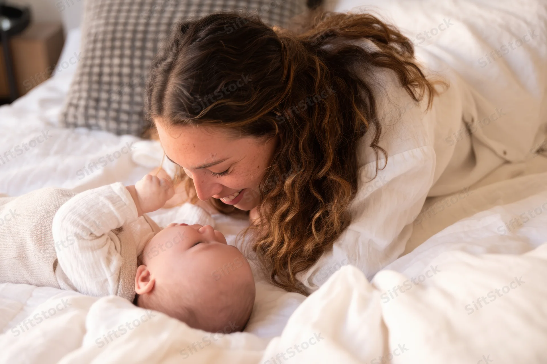 Mother leaning over baby on soft bedding in bedroom