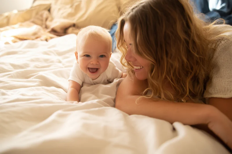 Mother smiling at her baby lying on a bed in a soft-lit bedroom