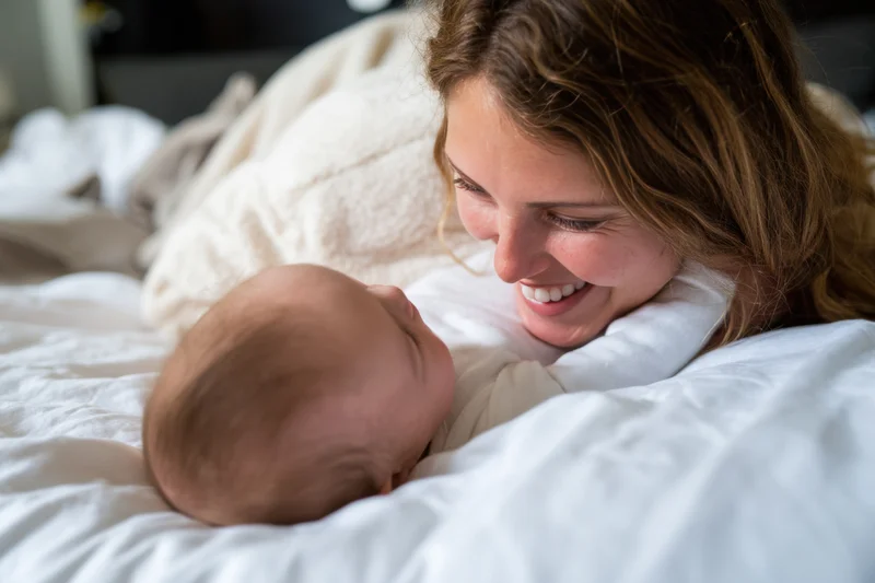 Mother smiling down at her baby lying on a soft white blanket in bed