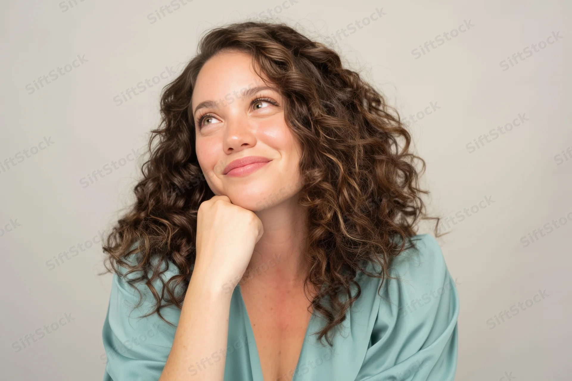 Woman with curly brown hair smiling thoughtfully with hand on chin in studio setting