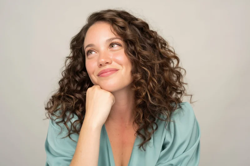 Woman with curly brown hair smiling thoughtfully with hand on chin in studio setting