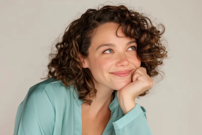 Woman with curly brown hair smiling thoughtfully while resting her chin on her hand in a studio setting