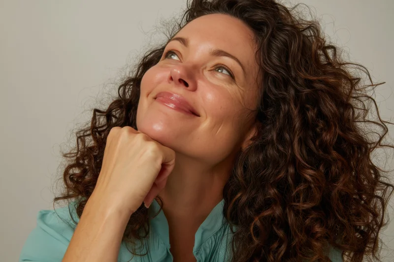Woman with curly brown hair smiling and looking up, hand on chin, in a studio setting