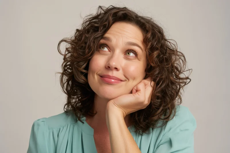 Woman with curly brown hair smiling thoughtfully while resting her chin on her hand in a studio setting