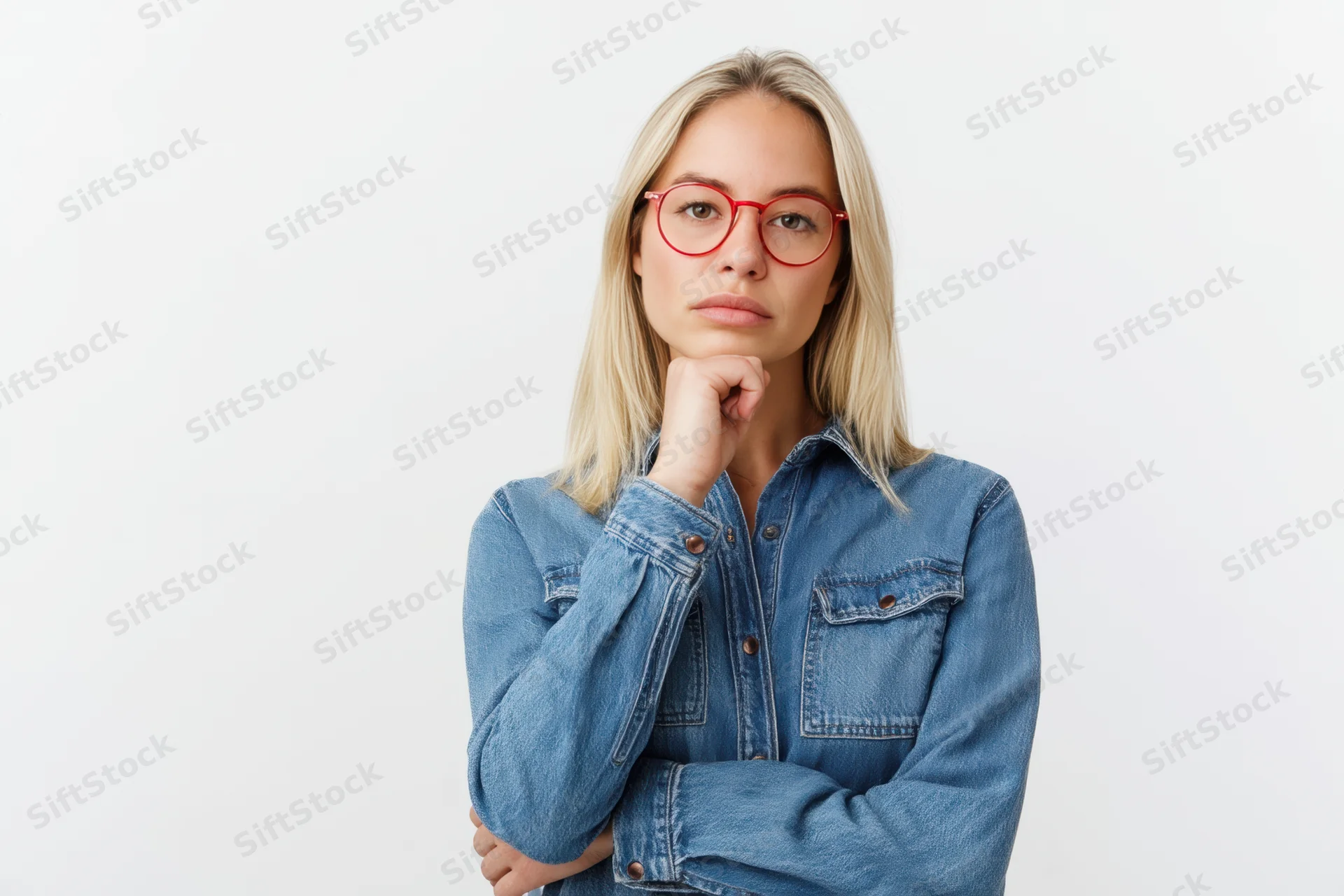 Thoughtful woman with hand on chin wearing red-rimmed glasses and denim shirt against white background