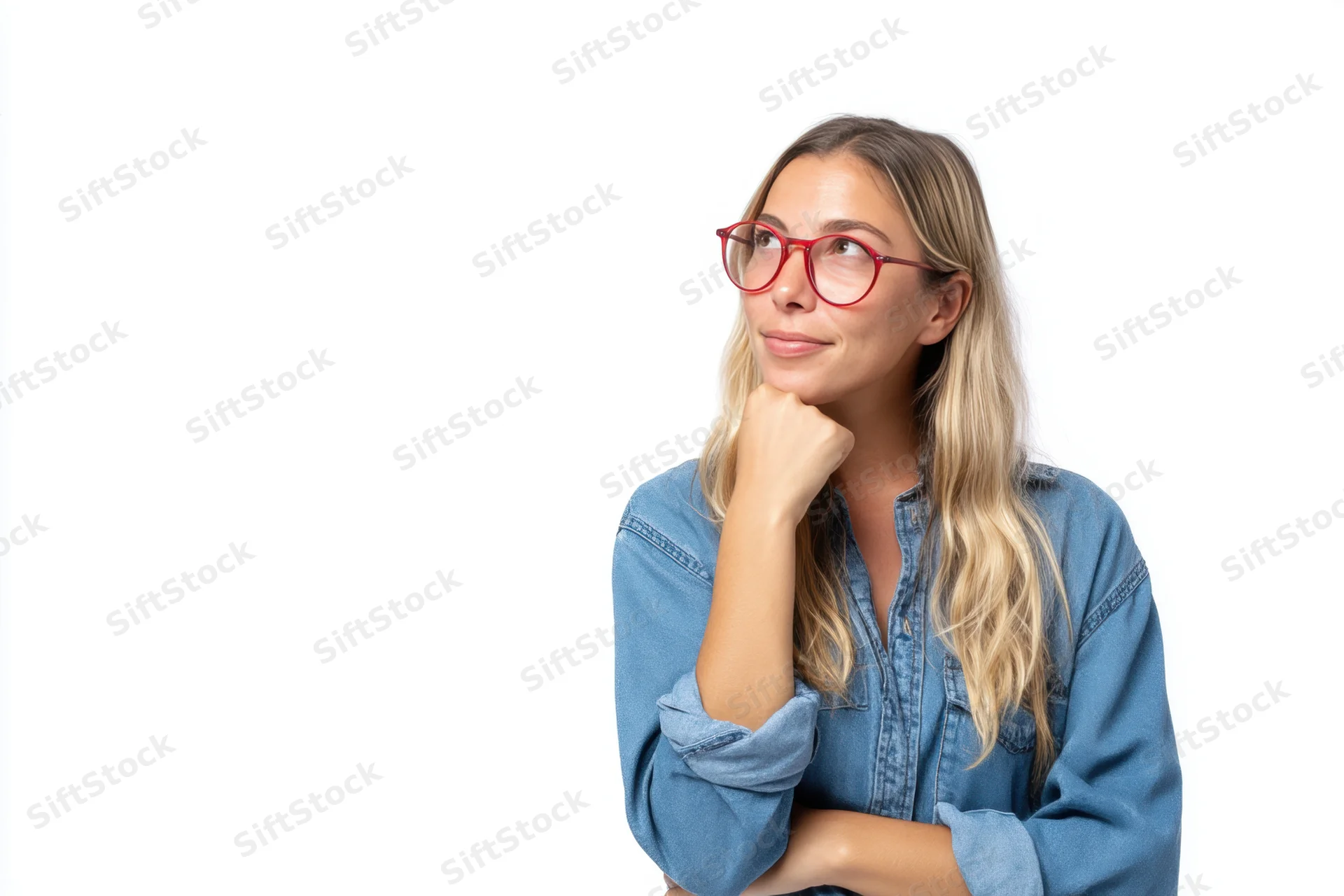Woman with long blonde hair and red-rimmed glasses resting hand on chin in studio setting