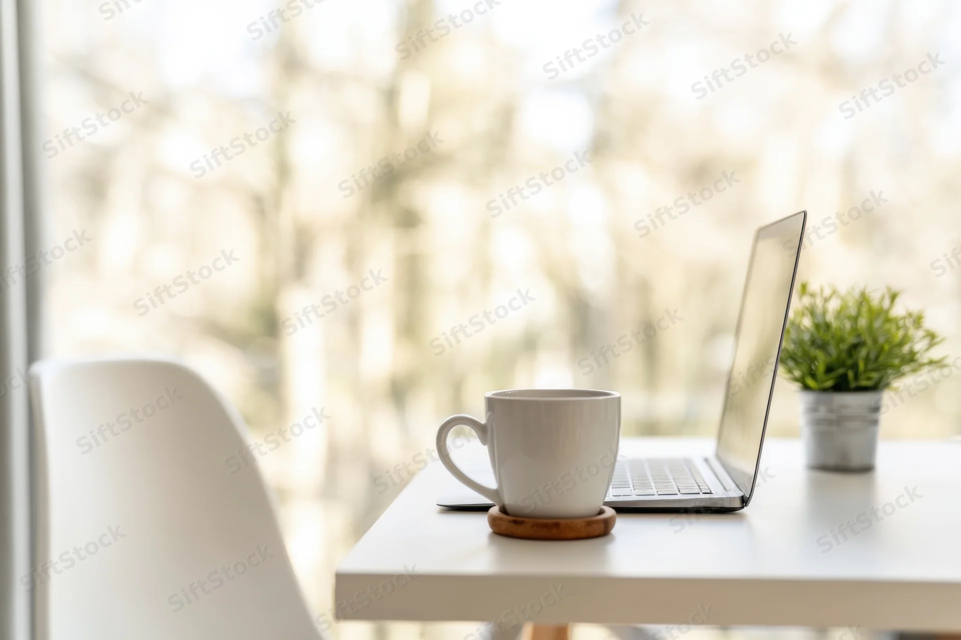 Slim silver laptop open on white desk beside coffee mug and small plant near window