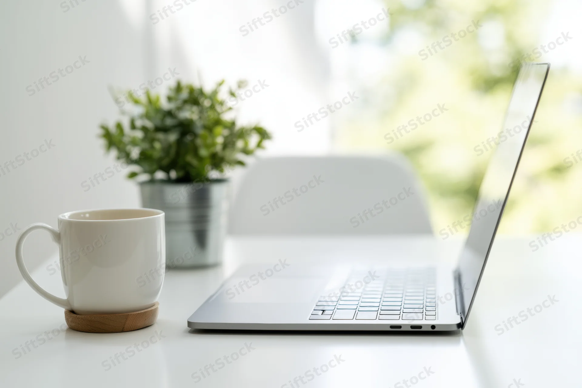 Open silver laptop on white desk beside white mug and potted plant near window