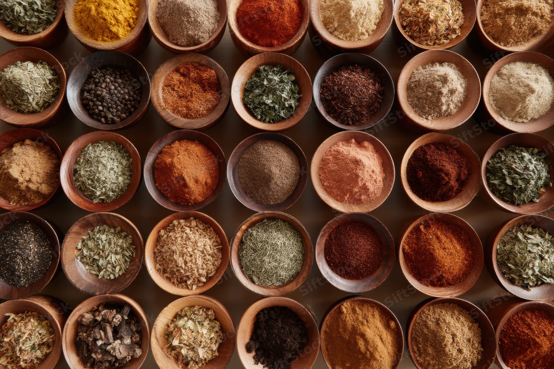 Top-down view of numerous wooden bowls filled with various spices and herbs arranged in a grid pattern on a dark surface