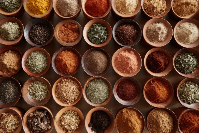 Top-down view of numerous wooden bowls filled with various spices and herbs arranged in a grid pattern on a dark surface