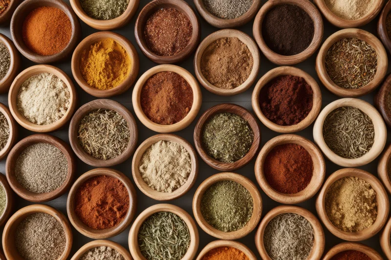Top-down view of numerous small wooden bowls filled with various spices arranged in a grid pattern on a dark surface