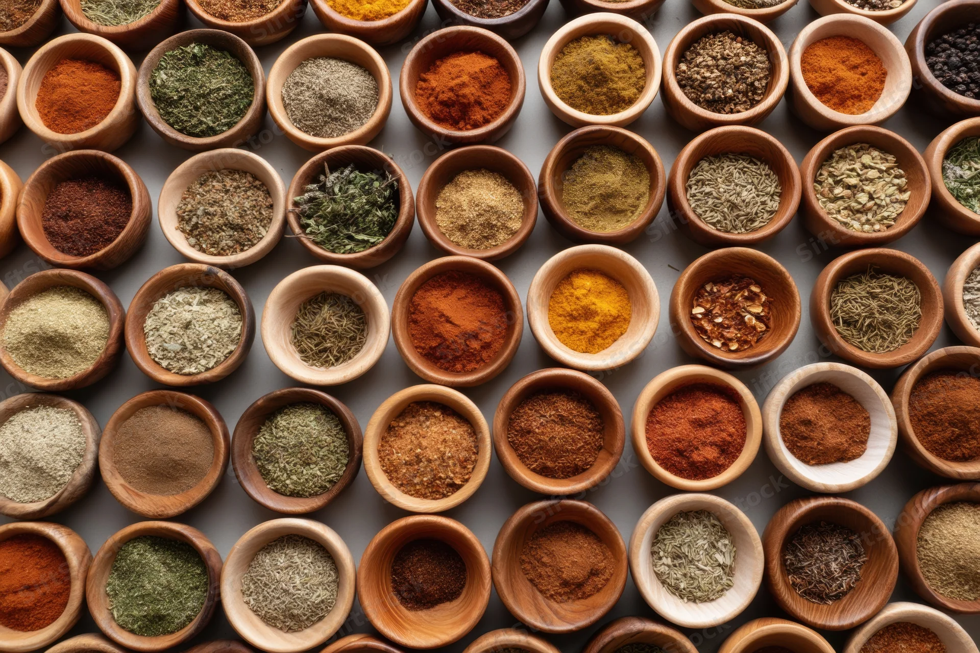 Top-down view of numerous small wooden bowls filled with various spices arranged in a grid pattern on a flat surface
