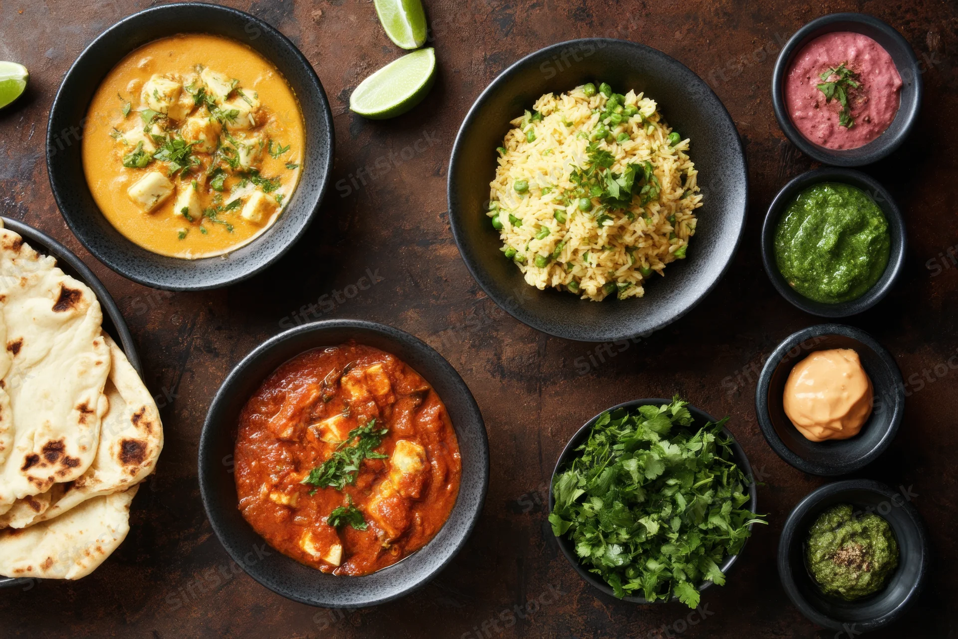 Top-down spread of indian dishes including curries, rice, naan and chutneys on dark rustic surface