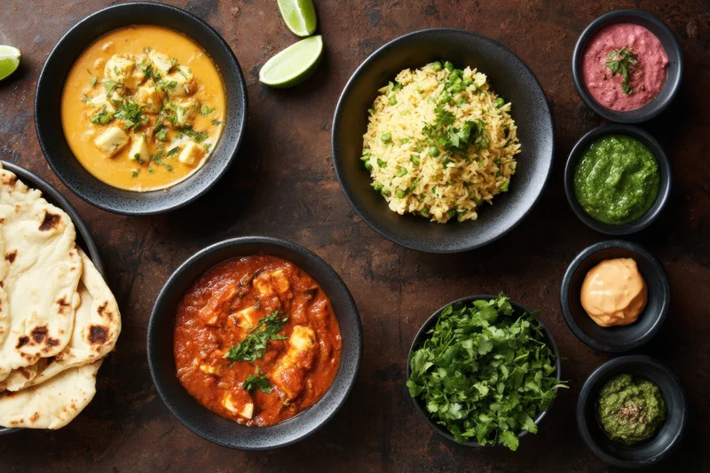 Top-down spread of indian dishes including curries, rice, naan and chutneys on dark rustic surface