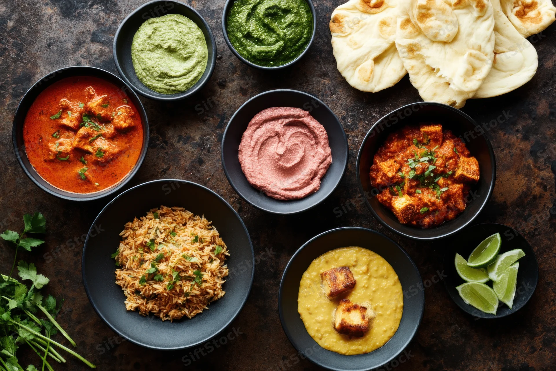 Top-down view of indian dishes arranged on a dark rustic surface with bowls of curry, rice, dal, chutney, naan and lime wedges
