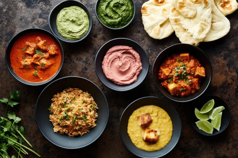Top-down view of indian dishes arranged on a dark rustic surface with bowls of curry, rice, dal, chutney, naan and lime wedges