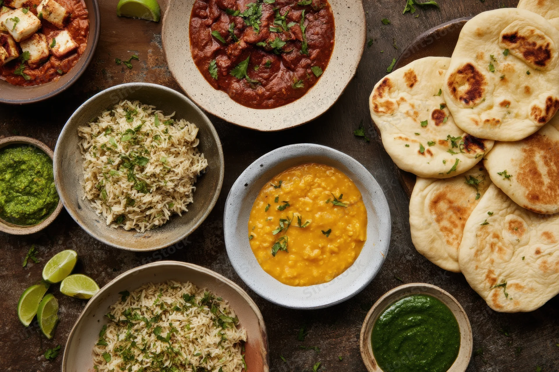 Top-down view of indian dishes arranged on a dark rustic surface with naan, rice, curry, dal, chutney, and lime wedges