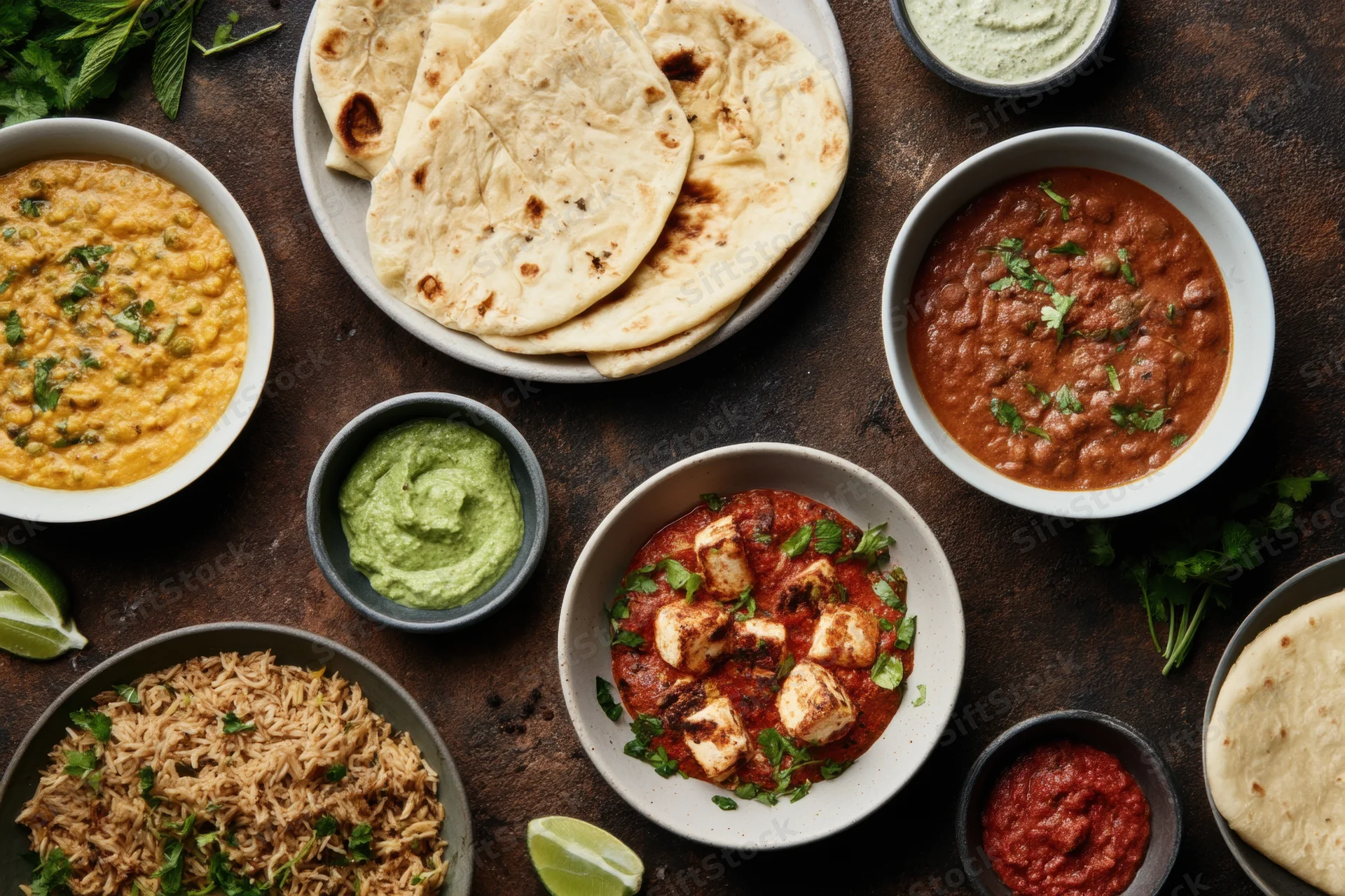 Top-down view of indian dishes including curry, dal, paneer, naan and rice arranged on a dark rustic surface