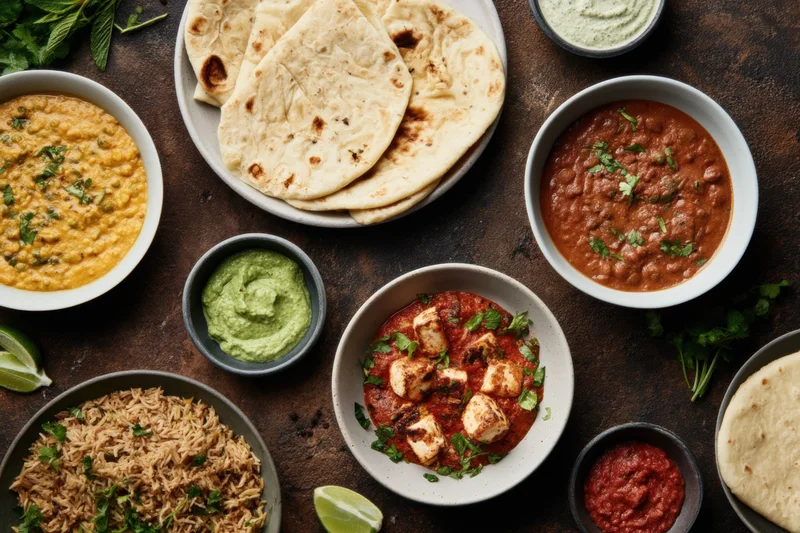 Top-down view of indian dishes including curry, dal, paneer, naan and rice arranged on a dark rustic surface