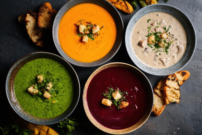 Four bowls of colorful soup with croutons and herbs arranged on a dark surface with grilled bread slices