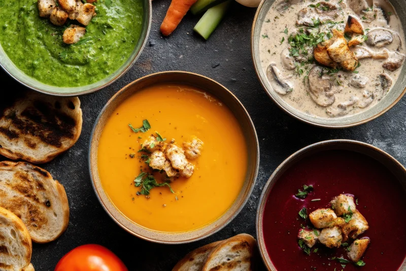 Four bowls of colorful soup with garnishes and bread arranged on a dark surface