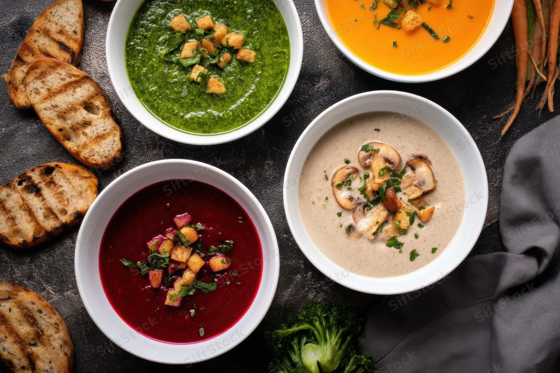 Four bowls of colorful vegetable soup with croutons and herbs arranged on dark surface with grilled bread and fresh vegetables