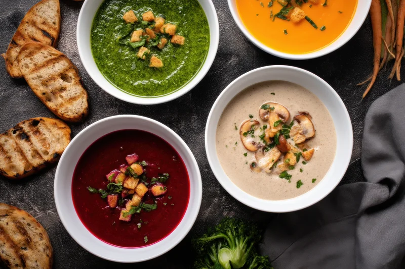 Four bowls of colorful vegetable soup with croutons and herbs arranged on dark surface with grilled bread and fresh vegetables