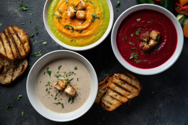 Three bowls of colorful soup with grilled bread on a dark surface