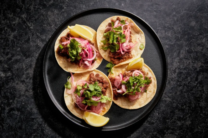 Four tacos with meat filling, cilantro, pickled onions and lemon wedges arranged on a round black plate viewed from above