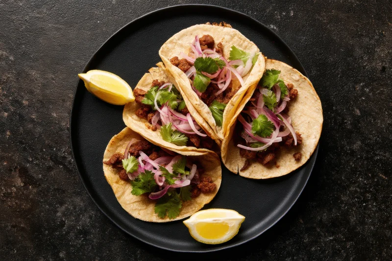Four tacos with meat and garnishes arranged on a black plate viewed from above