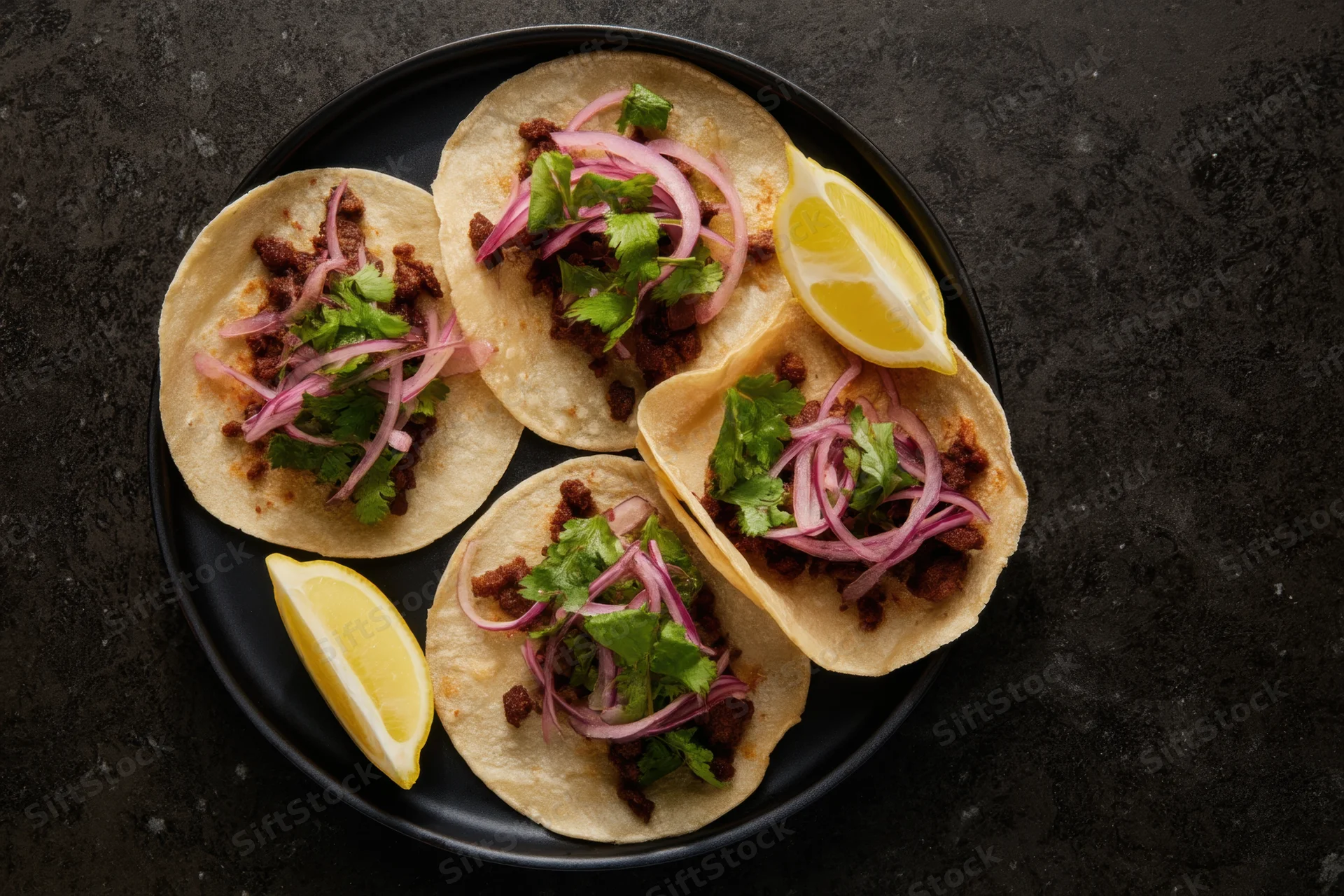 Four tacos with meat, cilantro, pickled onions and lemon wedges on a black plate viewed from above