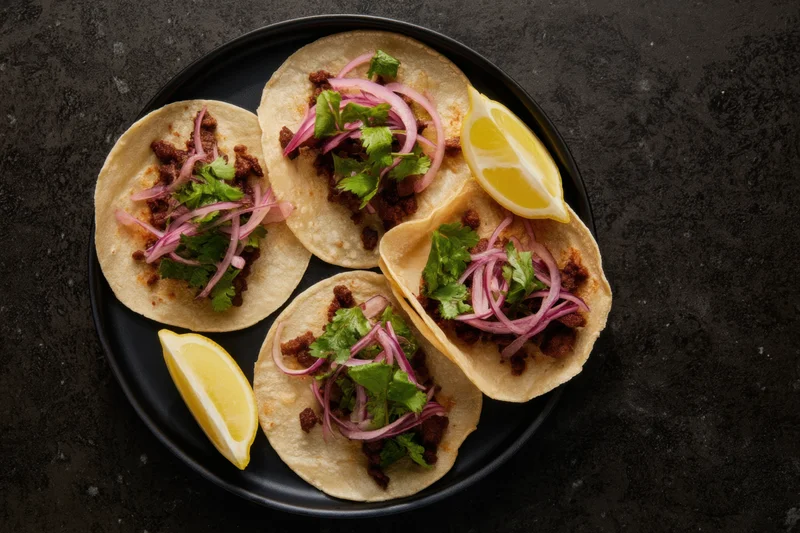 Four tacos with meat, cilantro, pickled onions and lemon wedges on a black plate viewed from above