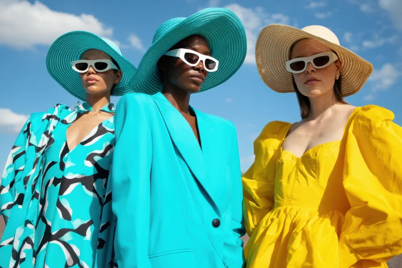 Three fashion models posing outdoors in vibrant outfits and wide-brim hats under a blue sky