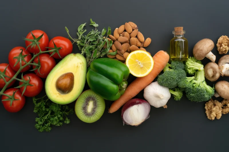 Fresh vegetables and fruits with nuts and herbs arranged in a row on dark surface