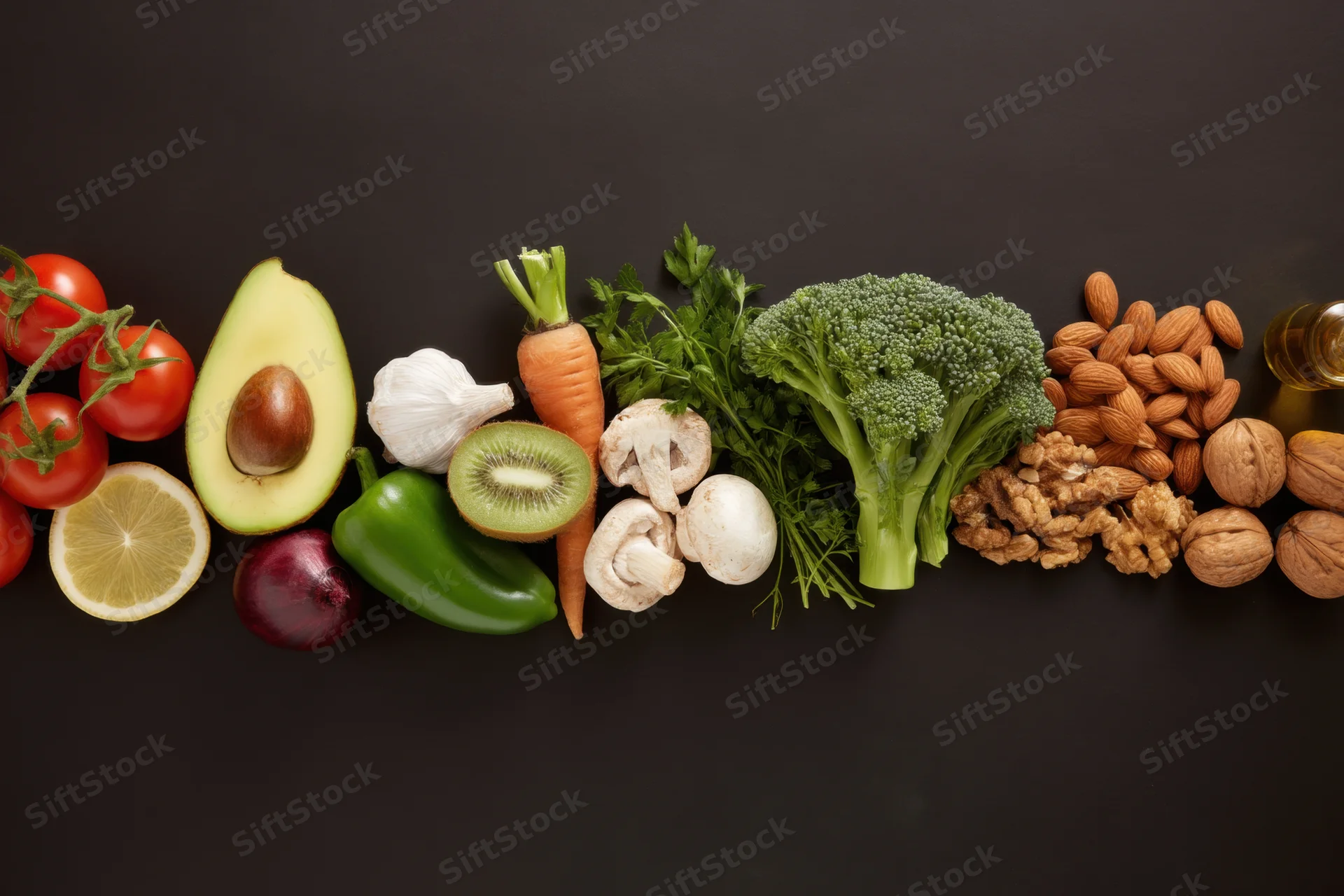 Fresh vegetables fruits and nuts arranged in a row on dark surface