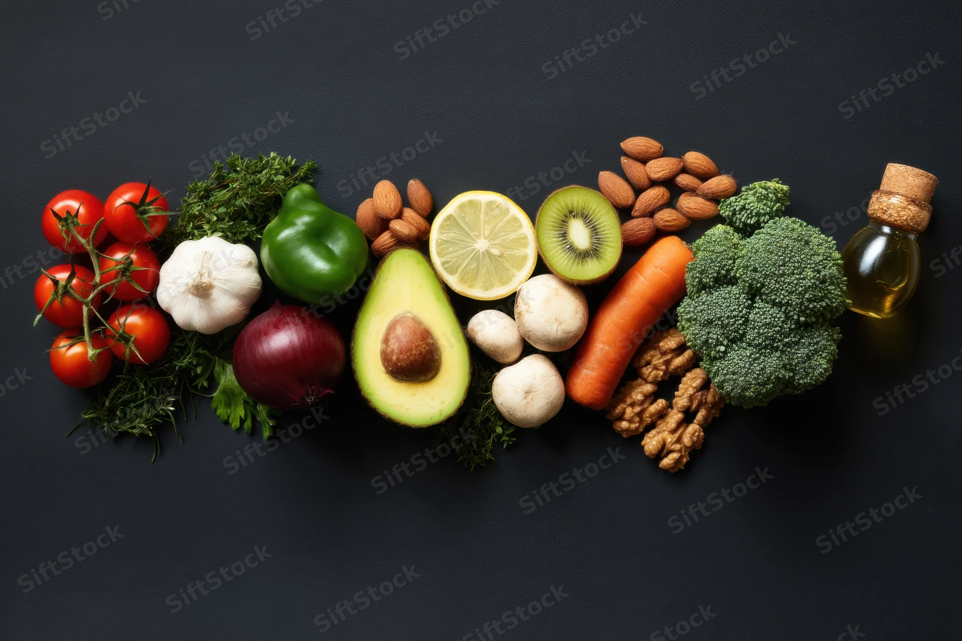 Fresh vegetables fruits and nuts arranged in a row on dark surface