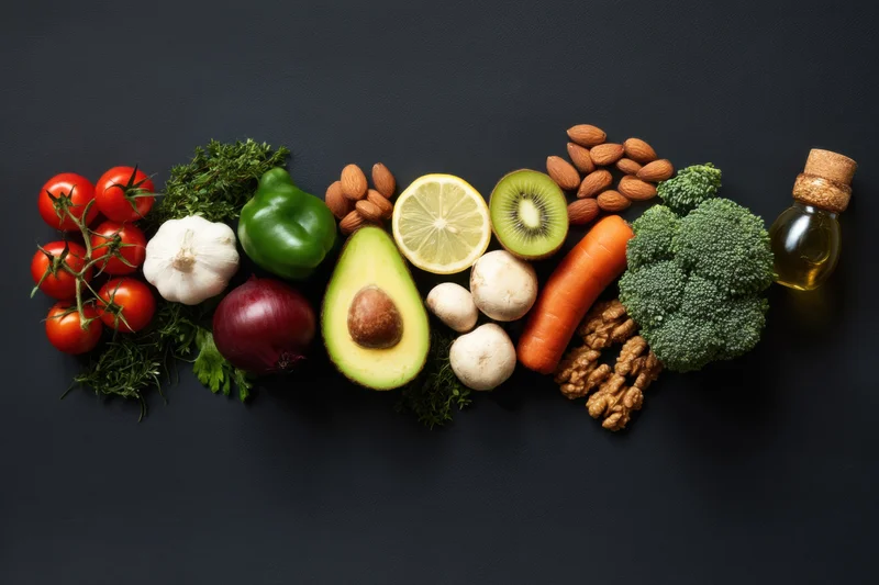 Fresh vegetables fruits and nuts arranged in a row on dark surface