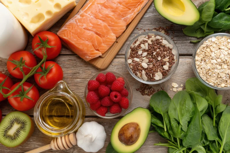Fresh groceries arranged on rustic wooden surface including salmon, avocado, tomatoes, raspberries, spinach, cheese, honey, kiwi, garlic, oats, and flaxseeds