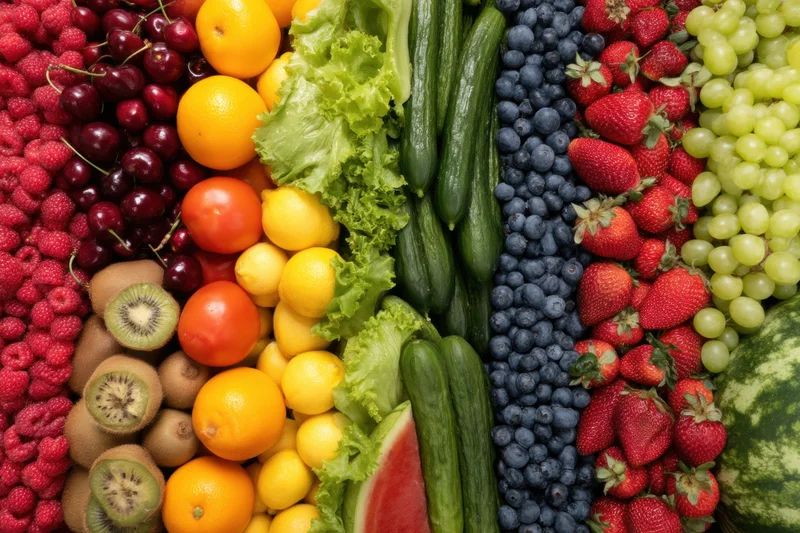A vibrant arrangement of fresh fruits and vegetables in neat rows